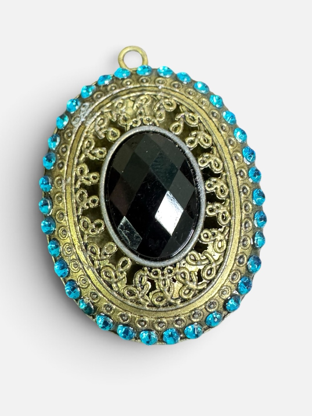 Victorian Gothic Black Stone Pendant with Blue  Rhinestone Accents